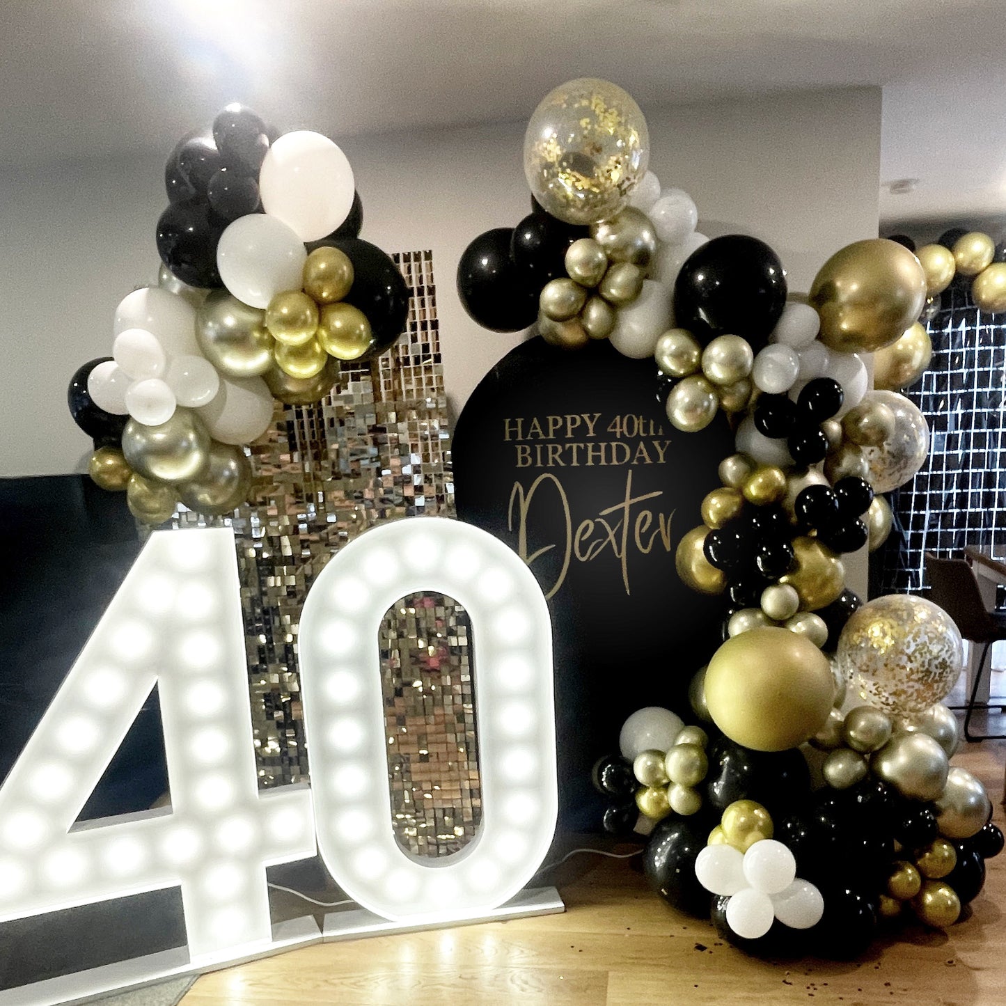 Showstopper - Arch & Sequin & Balloon Garland with Marquee Light numbers